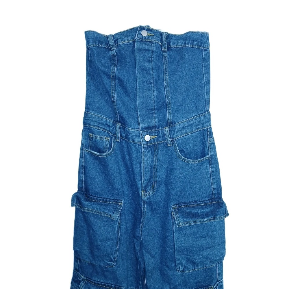 Loragal Women Denim Strapless Cargo Jumpsuit S Blue Utility Jean Medium Wash - Picture 2 of 7